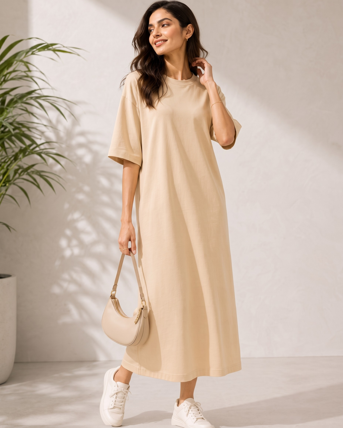 Women's Beige Oversized T-Shirt Maxi Dress with Pockets