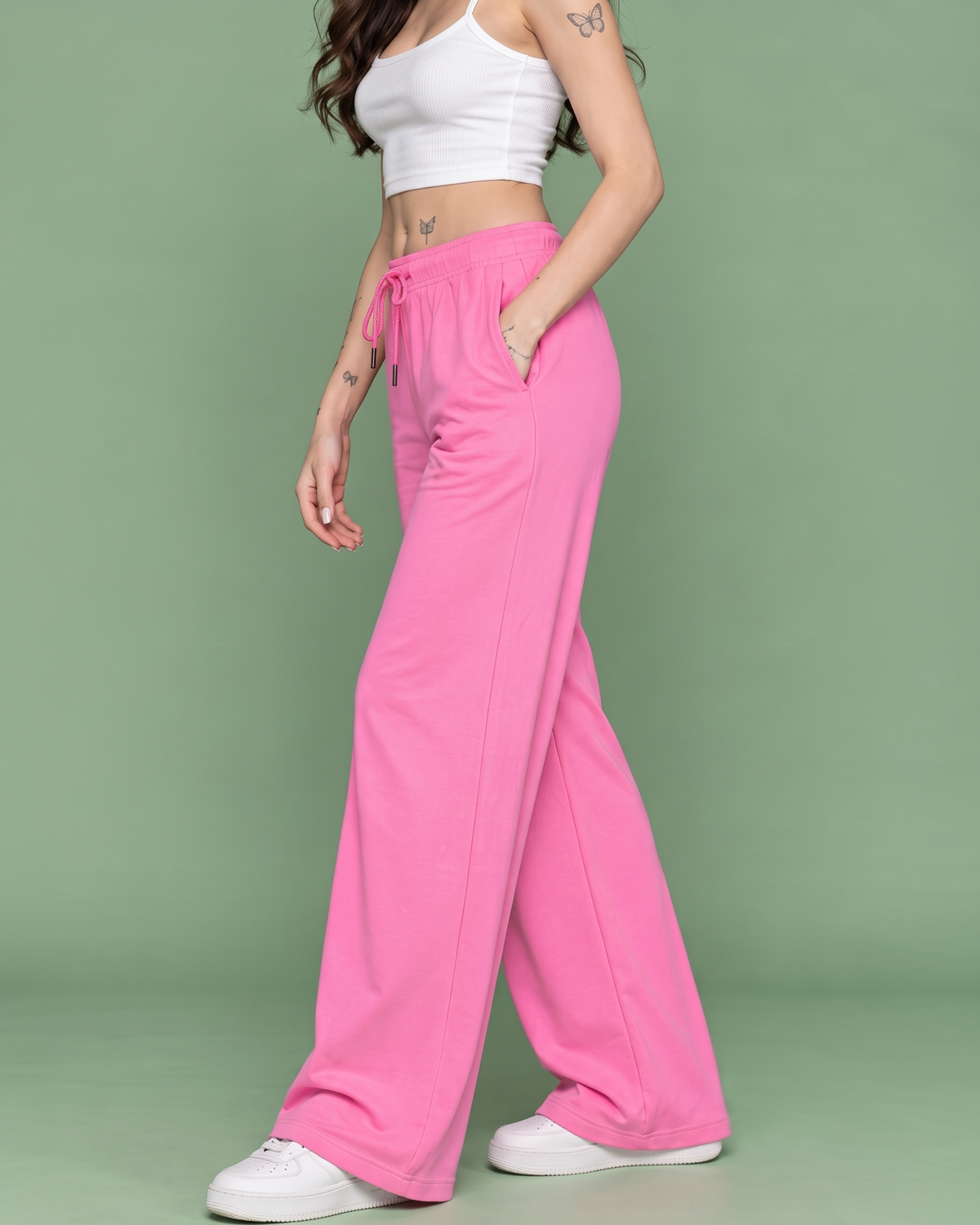 High-Waisted Wide-Leg Drawstring Trousers in Bubblegum Pink