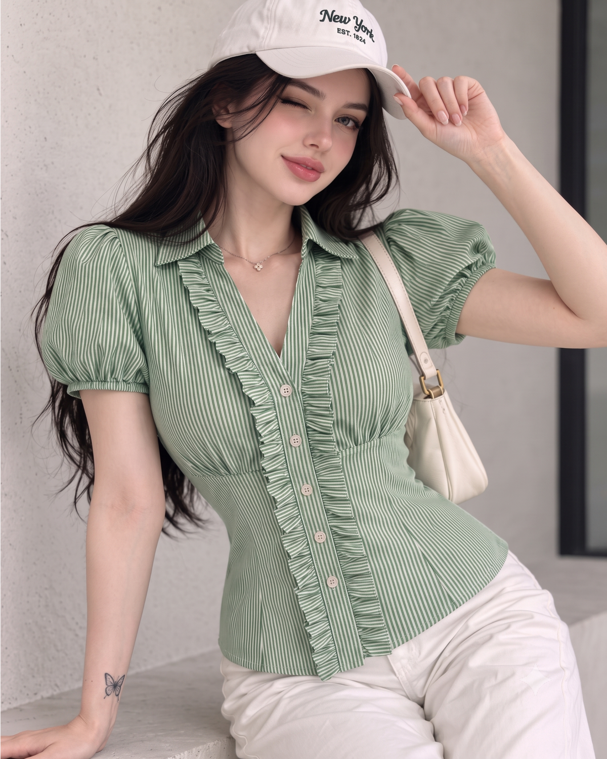 Women's Sage Green Striped Ruffle Front Peplum Top