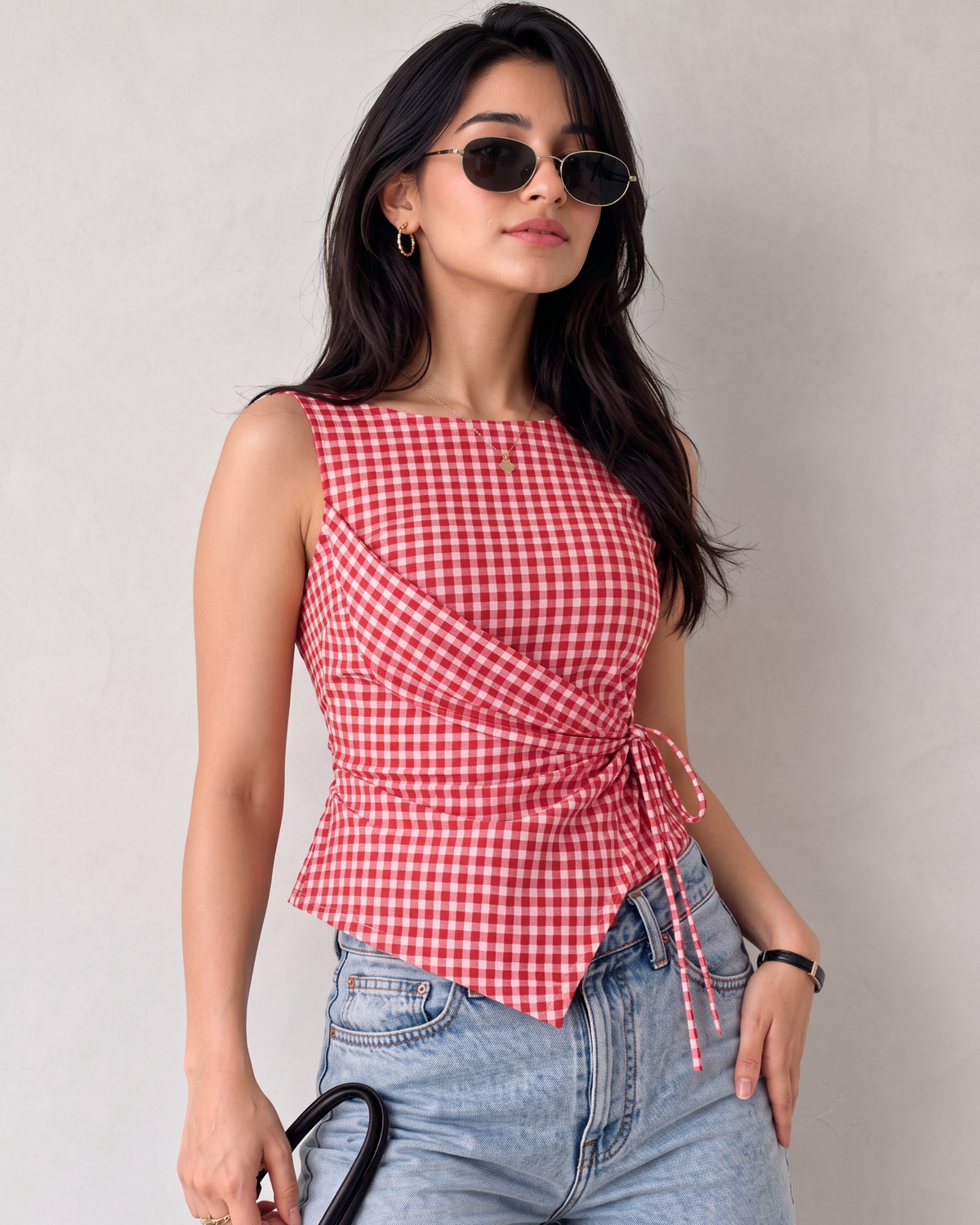 Women's Red Gingham Sleeveless Wrap Top