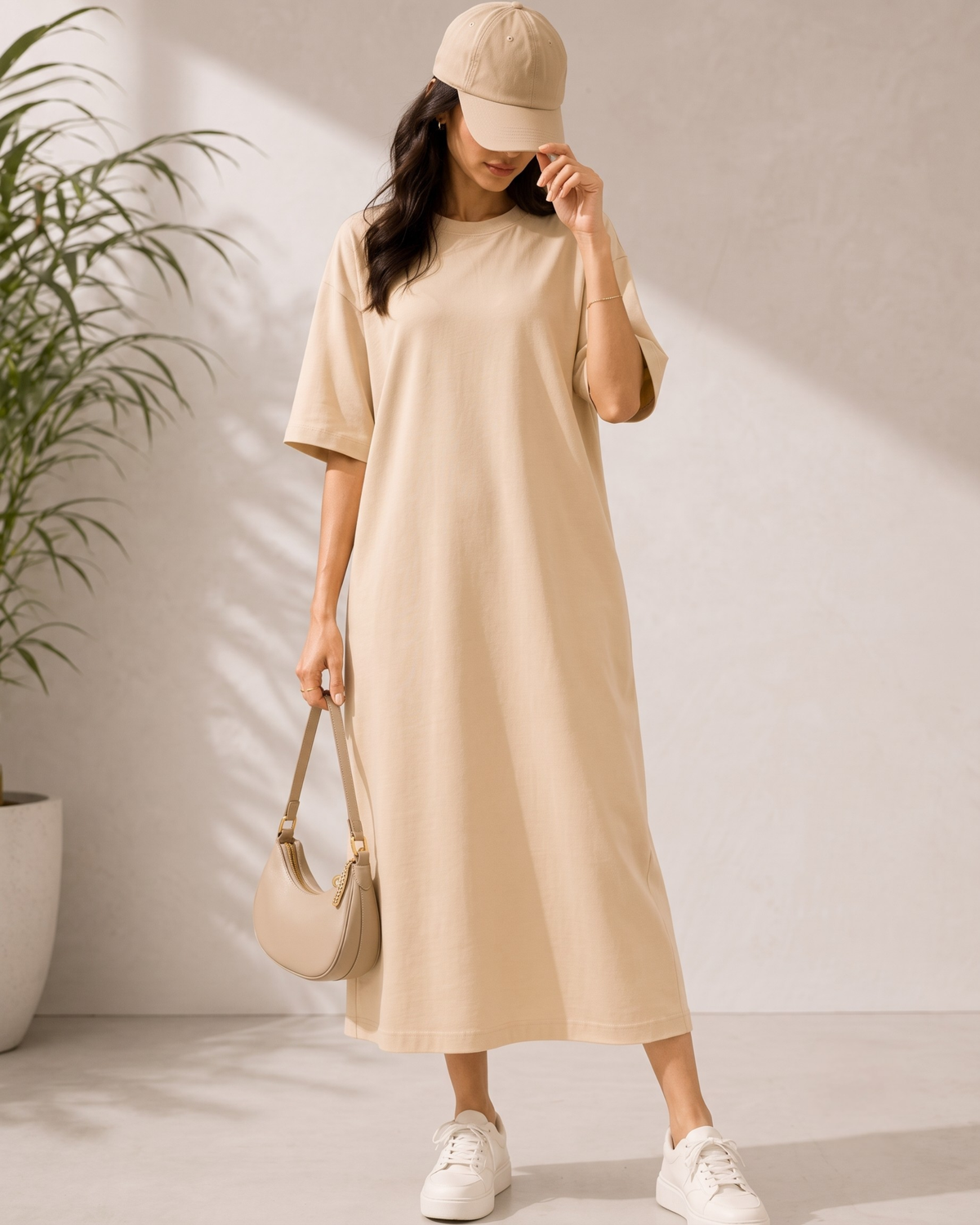 Women's Beige Oversized T-Shirt Maxi Dress with Pockets