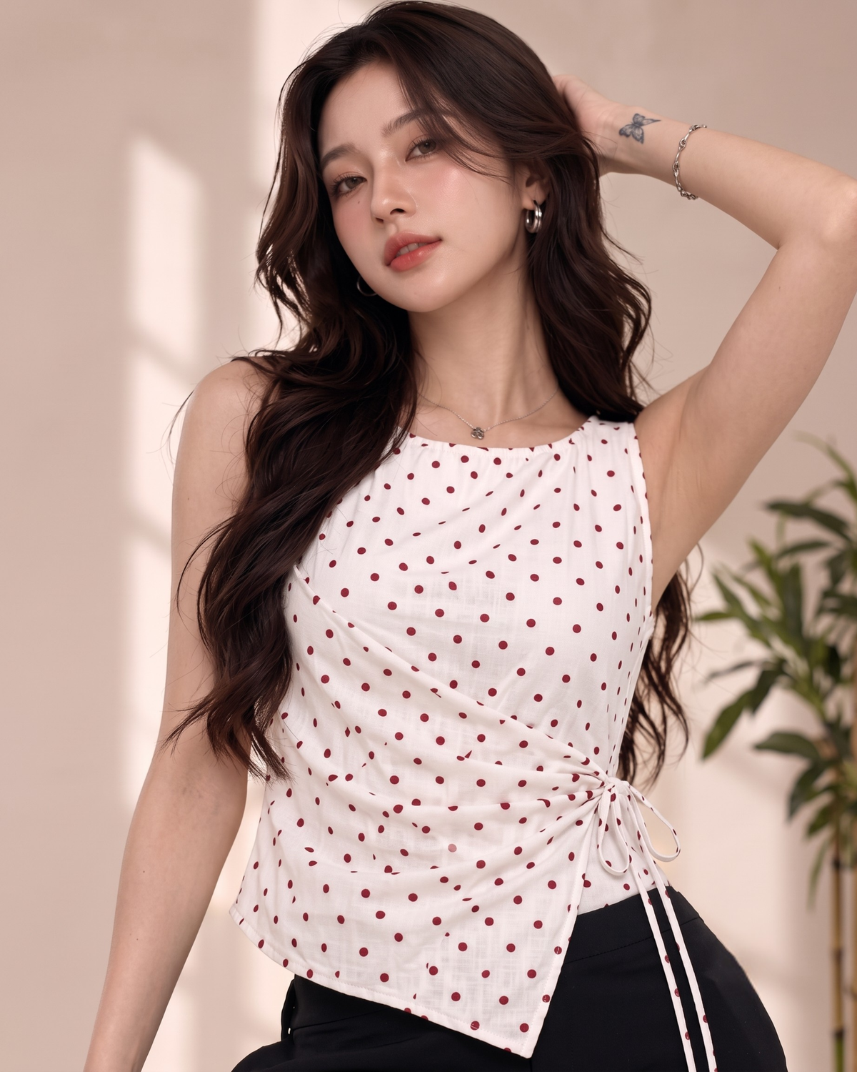 Women's Red Polka Dot Wrap Top with Side Tie