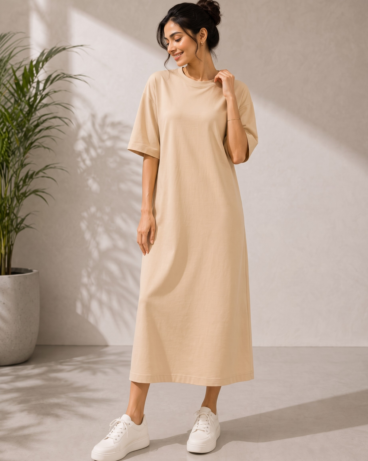 Women's Beige Oversized T-Shirt Maxi Dress with Pockets