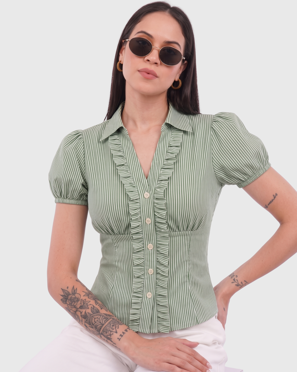 Women's Sage Green Striped Ruffle Front Peplum Top