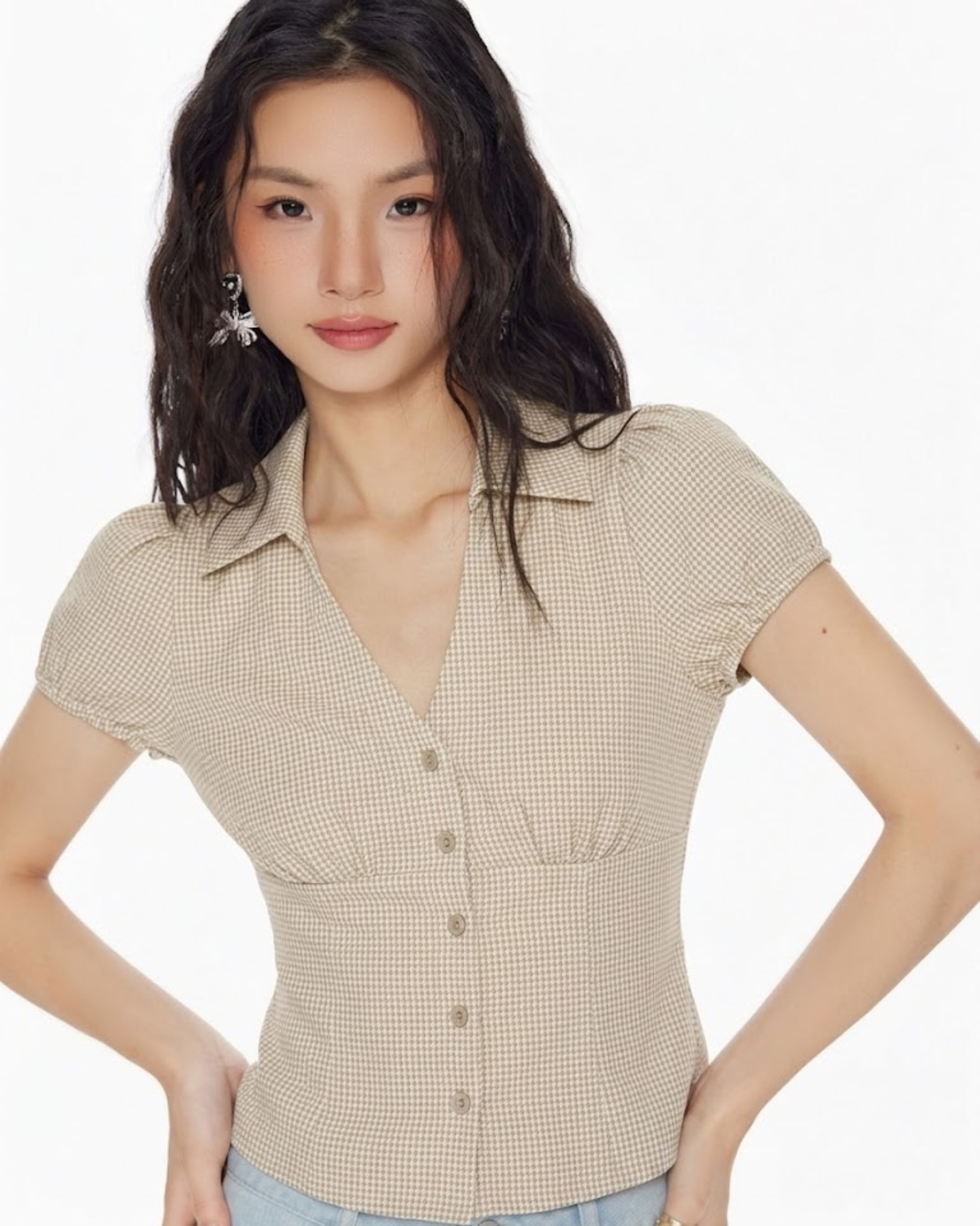 EZLIA Beige Dotted Puff Sleeve Shirt Top