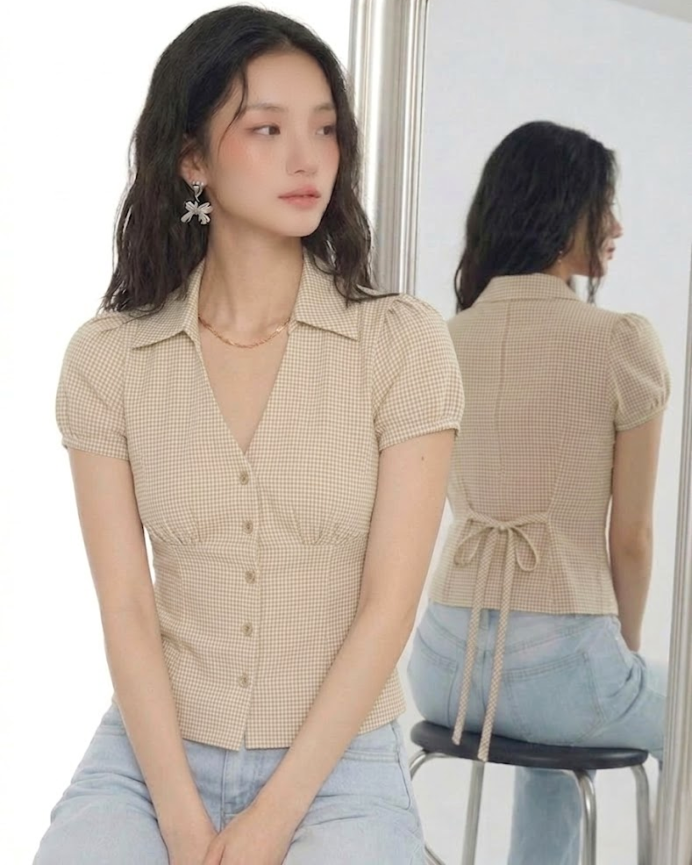 EZLIA Beige Dotted Puff Sleeve Shirt Top