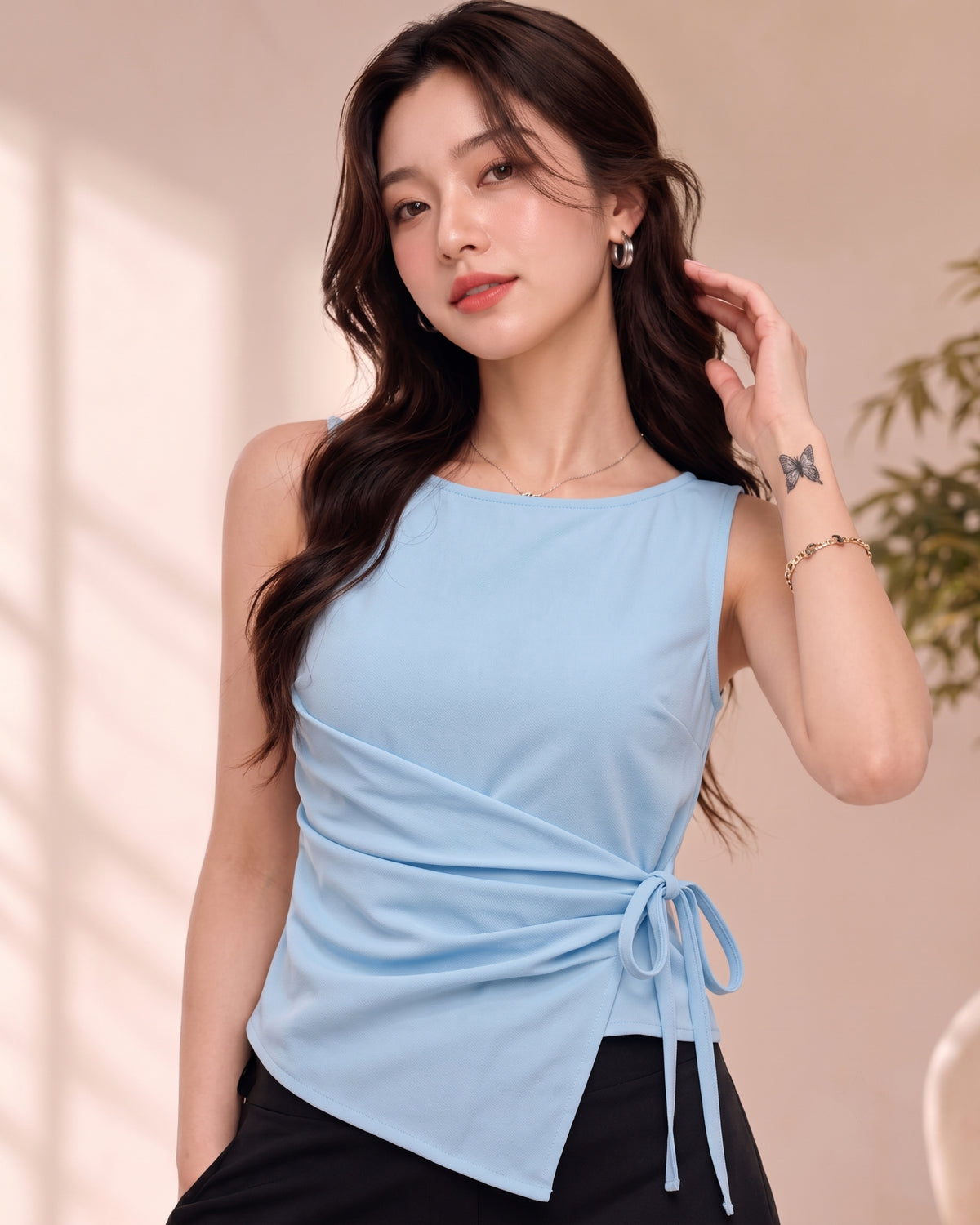 Women's Light Blue Wrap Top | Sleeveless Side-Tie Top