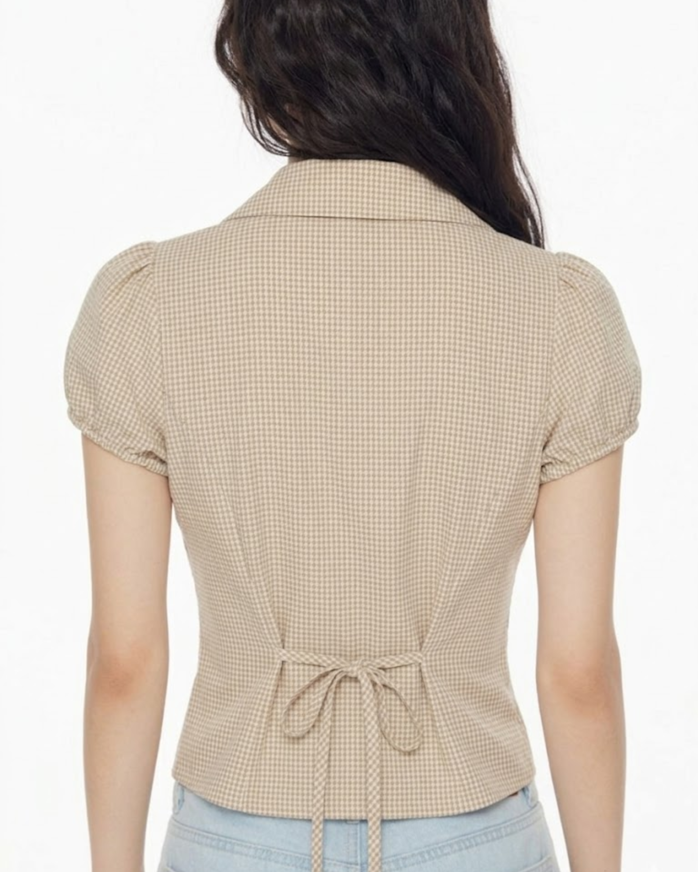 EZLIA Beige Dotted Puff Sleeve Shirt Top