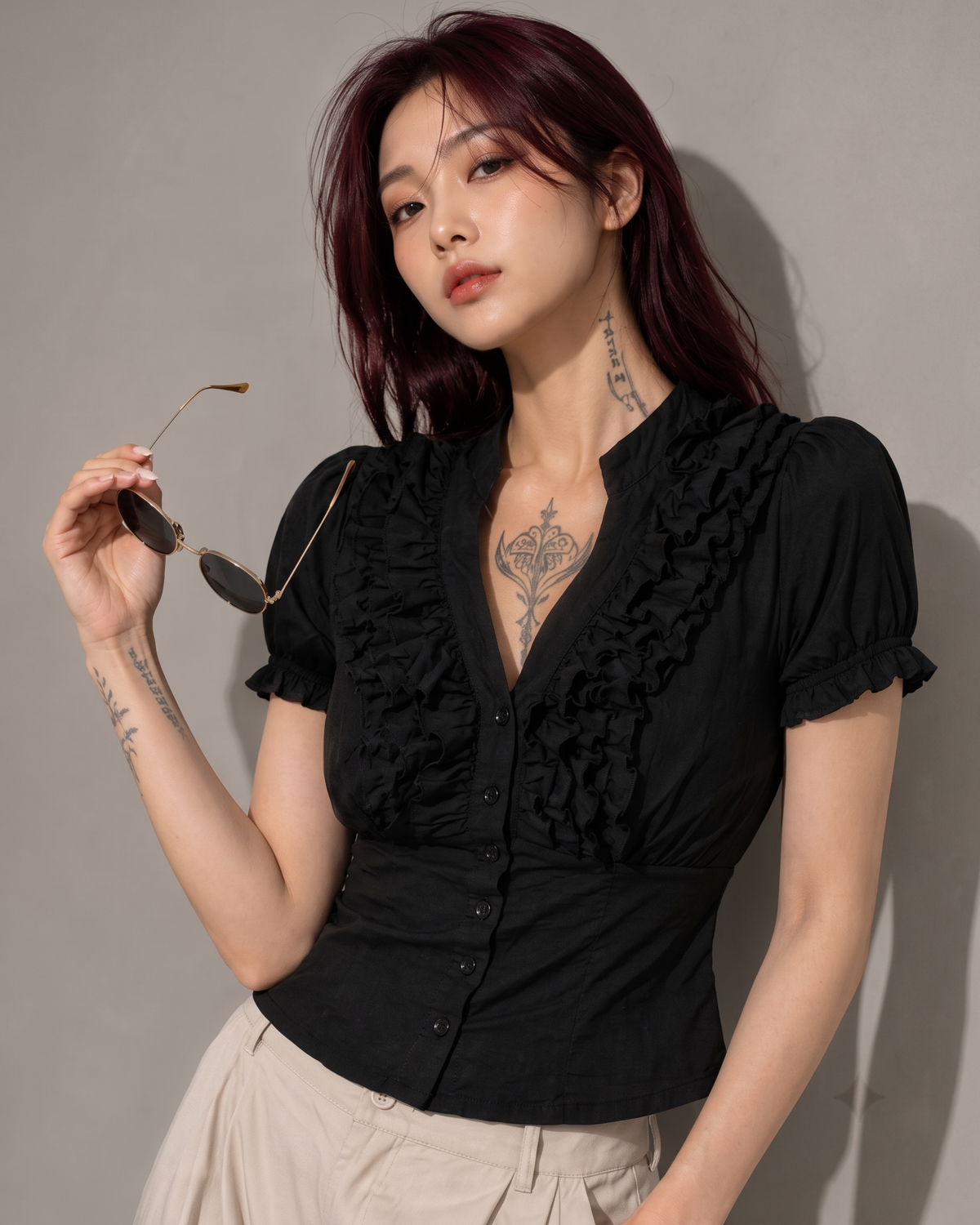 Black Ruffle Front Button Top with Tie-Back Waist