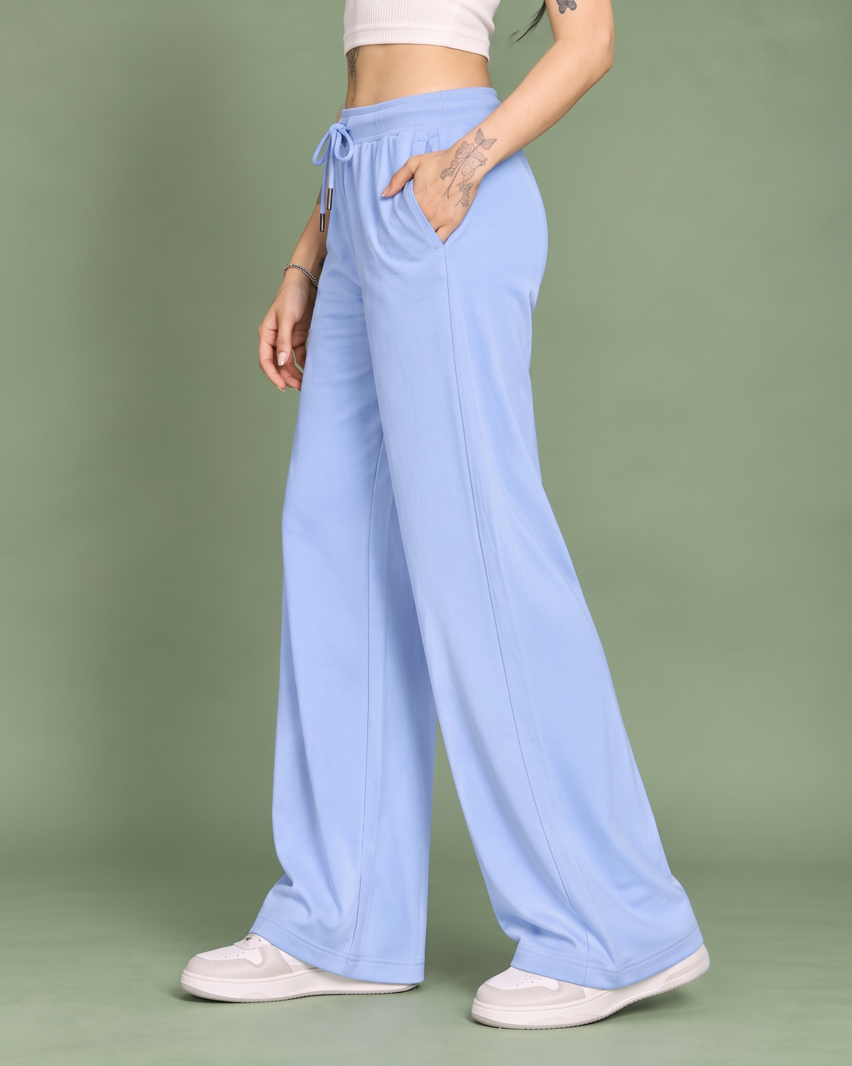 High-Waisted Wide-Leg Drawstring Trousers in Sky Blue