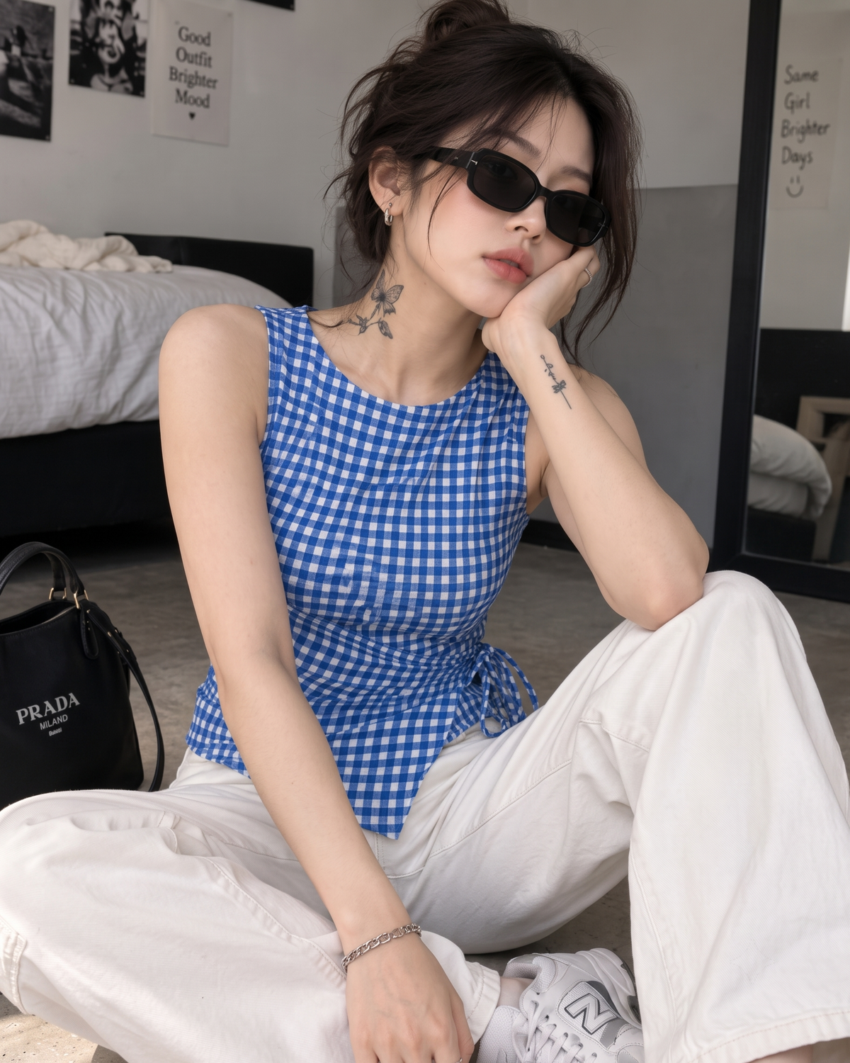 Women's Royal Blue Gingham Sleeveless Wrap Top