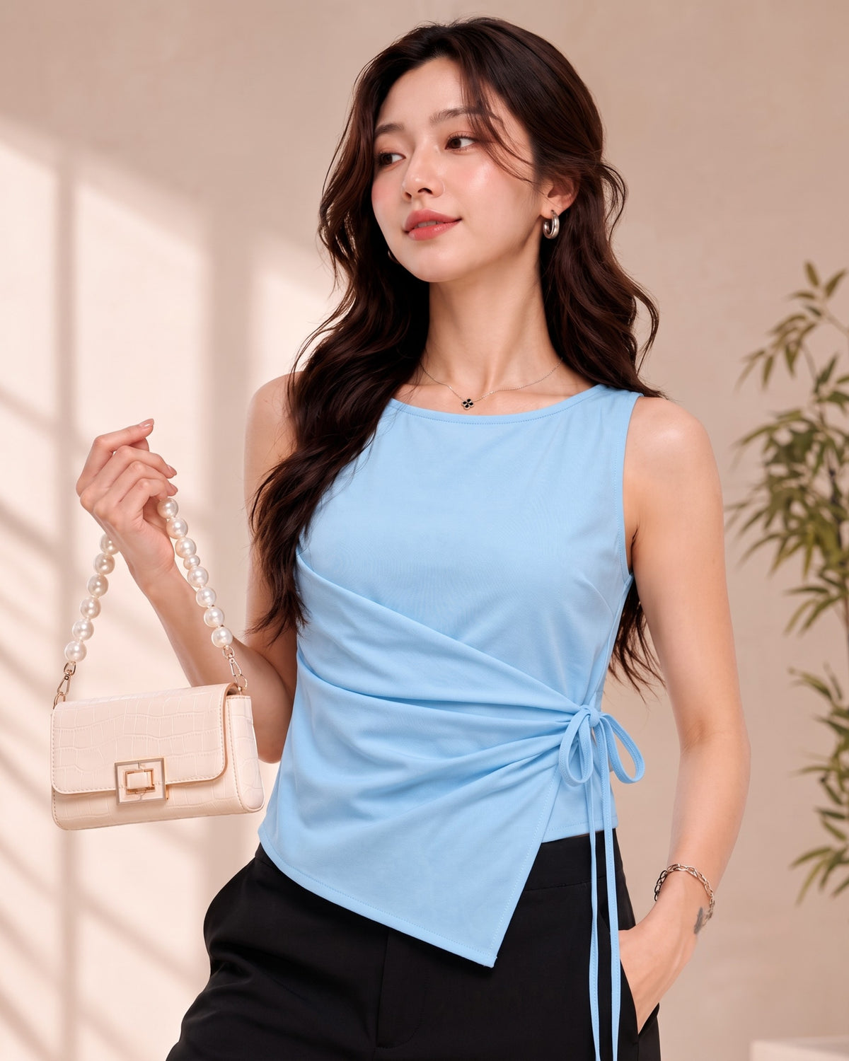 Women's Light Blue Wrap Top | Sleeveless Side-Tie Top