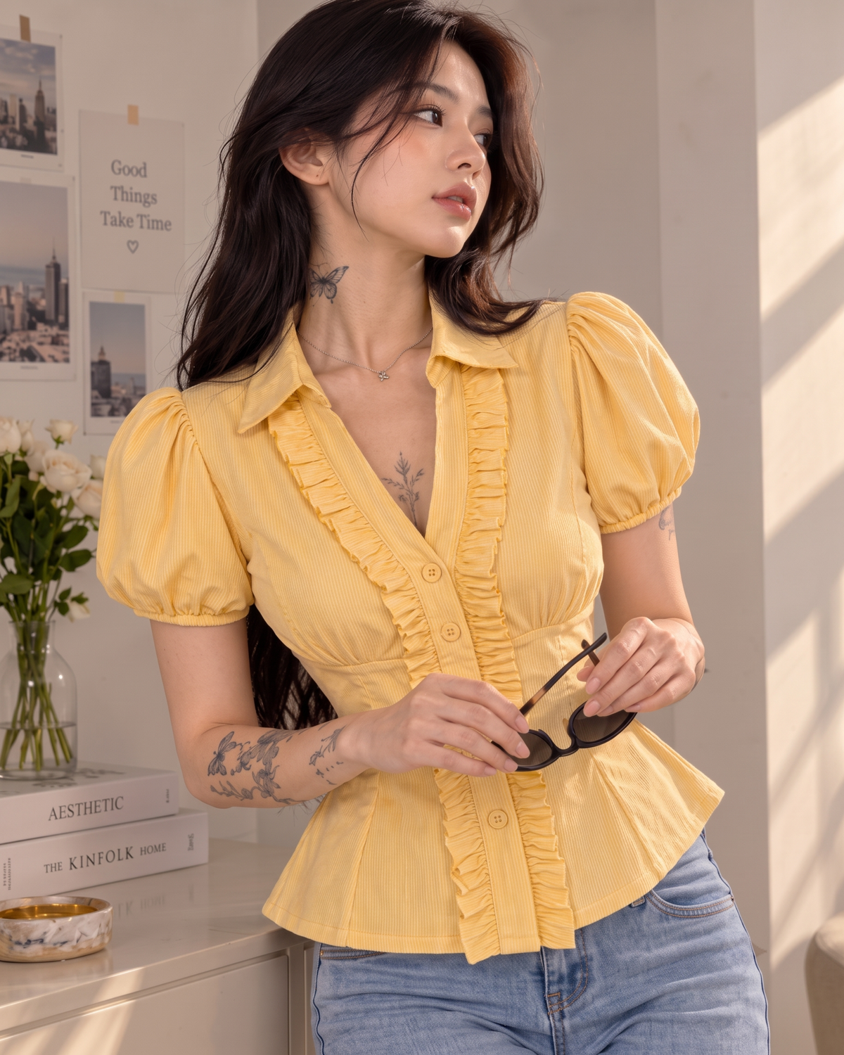 Women's Butter Yellow Striped Ruffle Front Peplum Top