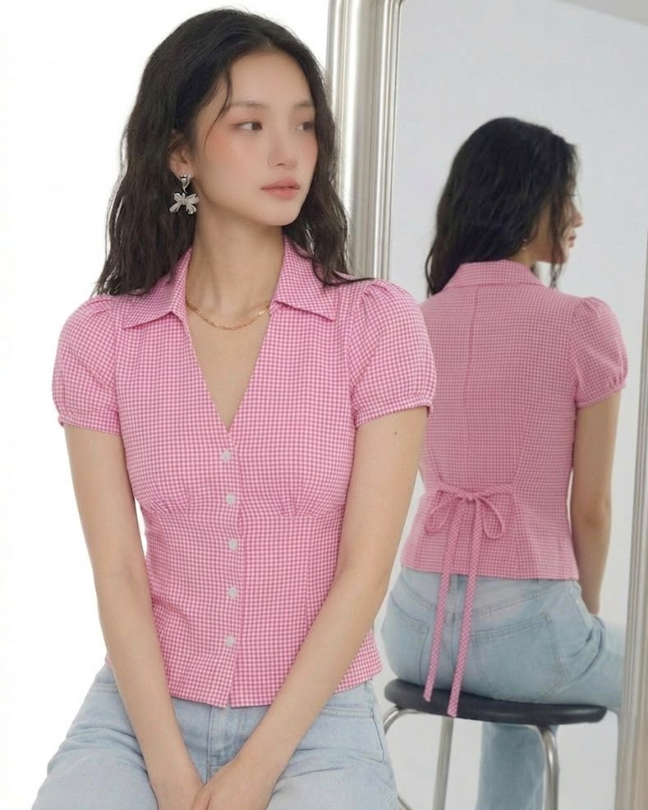 EZLIA Pink Dotted Puff Sleeve Shirt Top