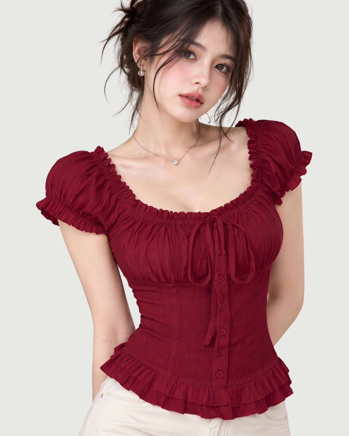 Textured Ruffle Milkmaid Peplum Blouse in Wine Red