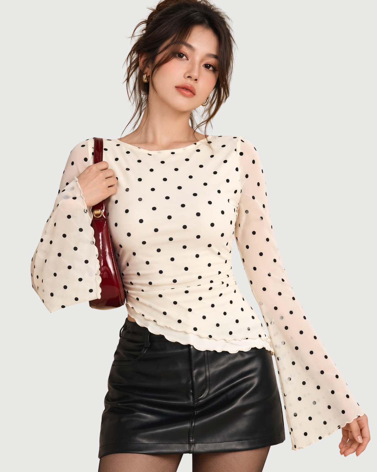 Polka Dot Flare Sleeve Lettuce Trim Mesh Top in Cream