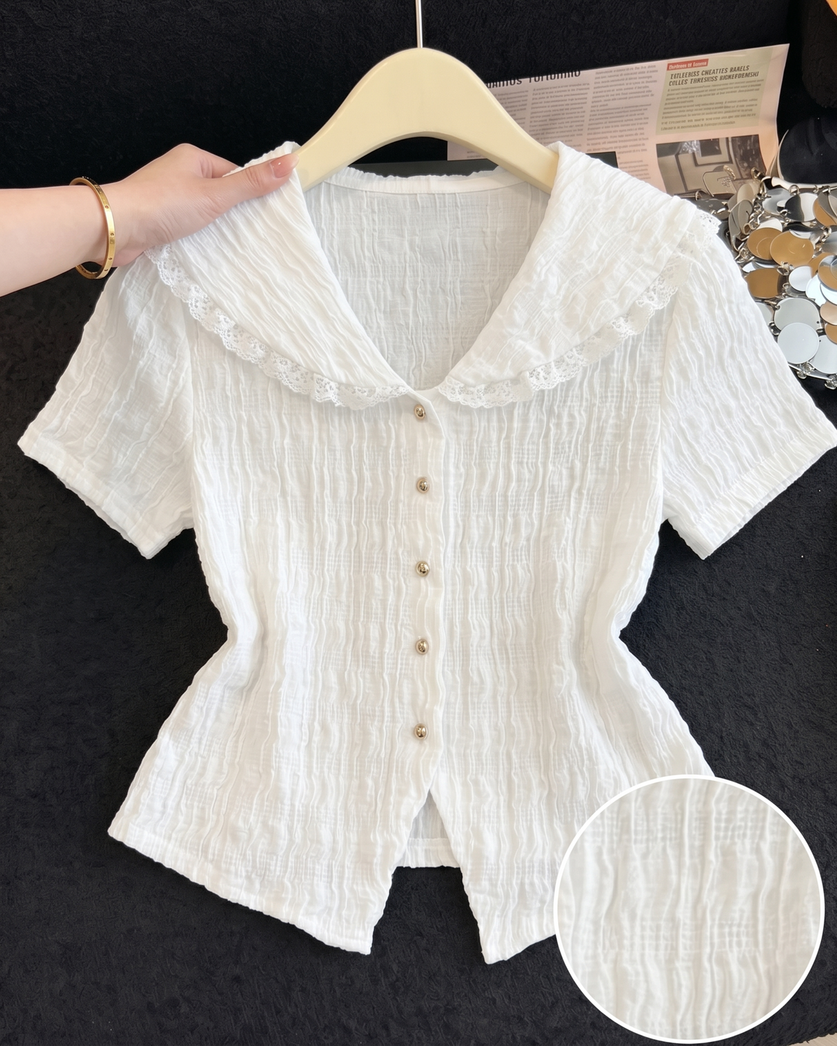 Lace-Trimmed Sailor Collar Textured Blouse in Crisp White