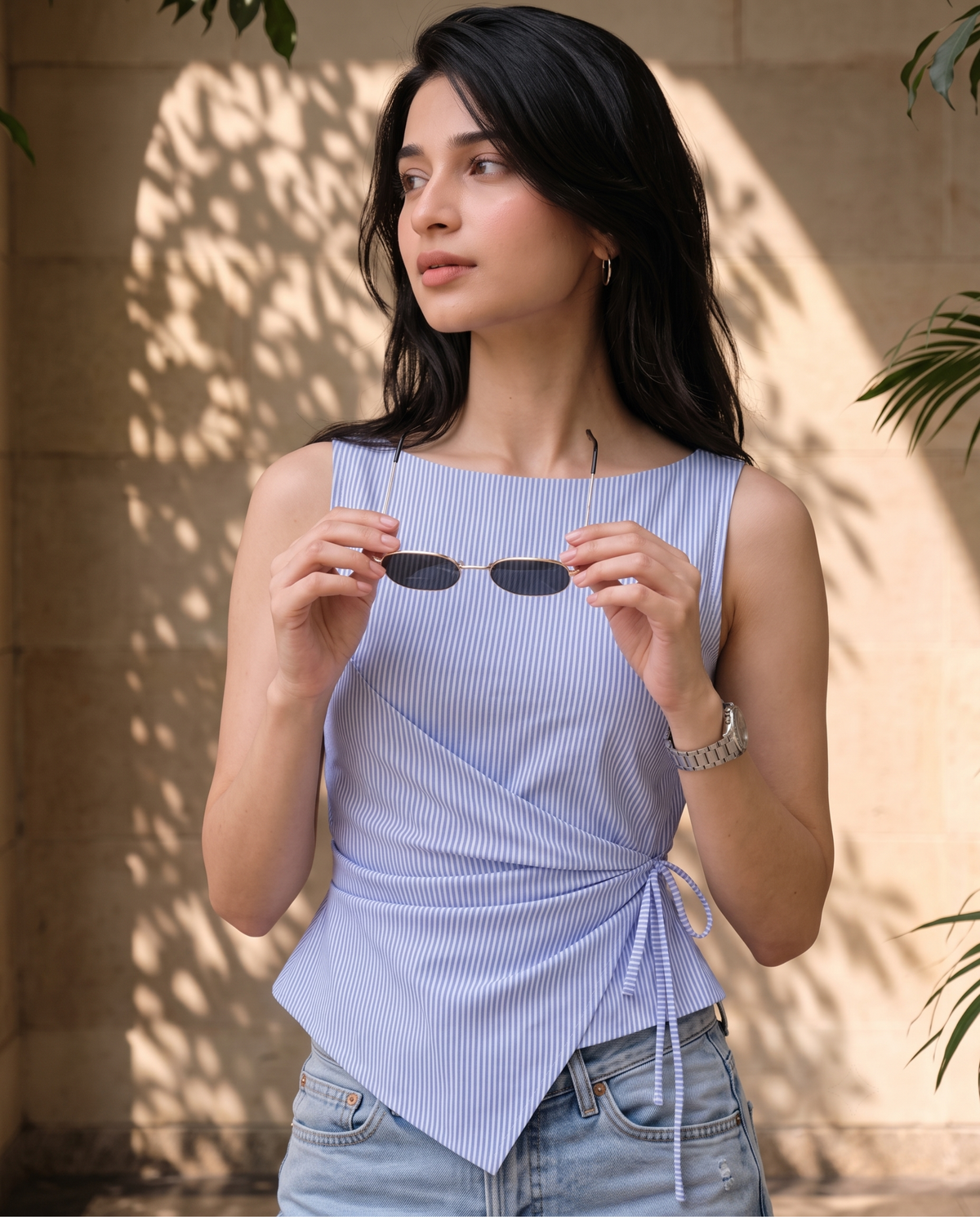 Women's Light Blue Striped Sleeveless Wrap Top