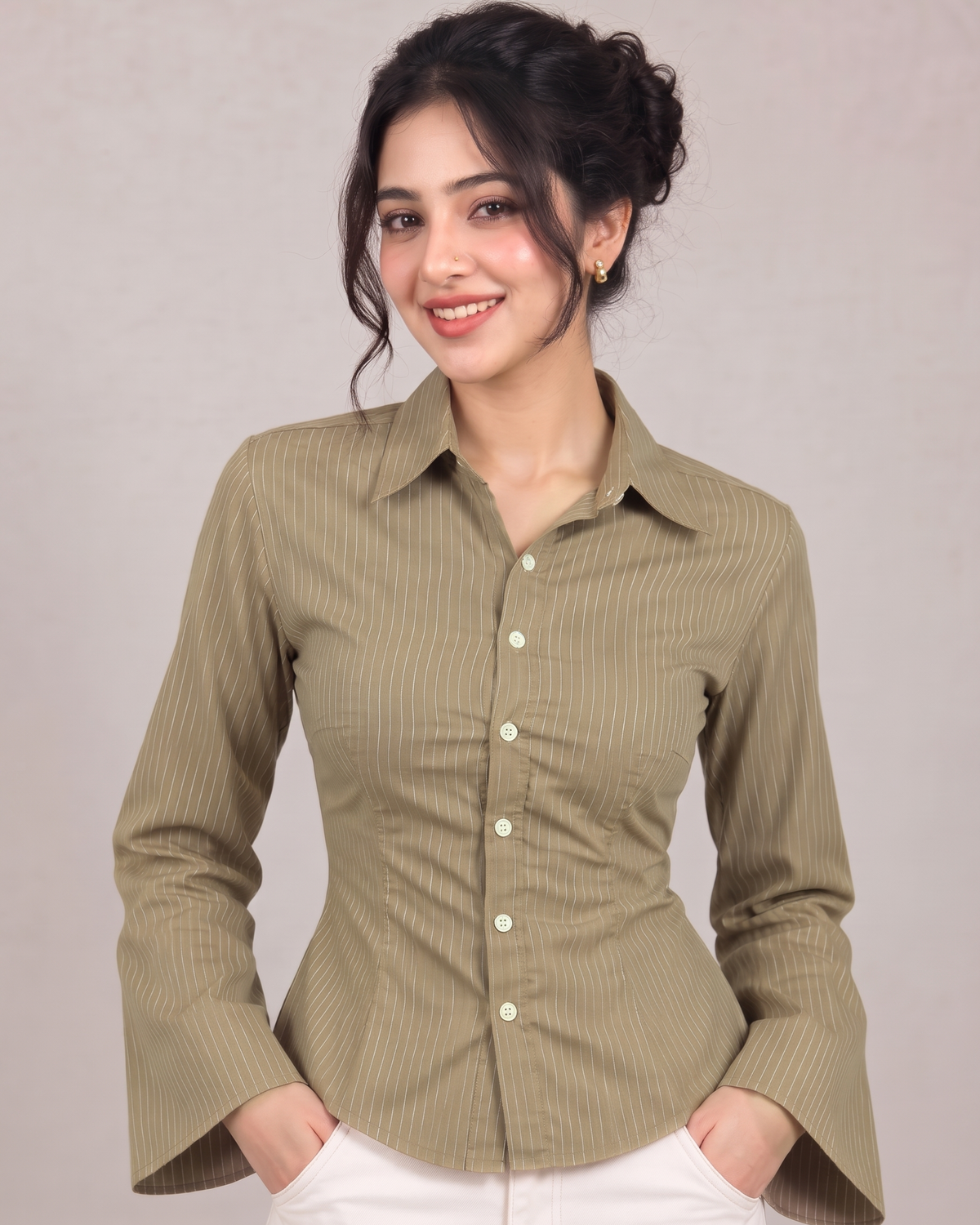 Pinstripe Bell-Sleeve Fitted Shirt in Olive Khaki