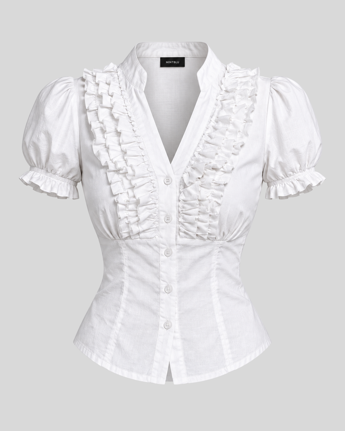 Women's White Ruffle Front Button Top with Tie-Back Waist