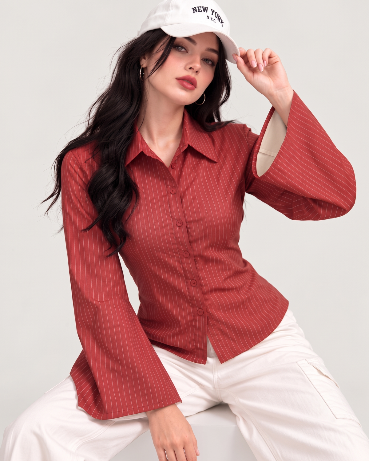 Pinstripe Bell-Sleeve Fitted Shirt in Rust Red