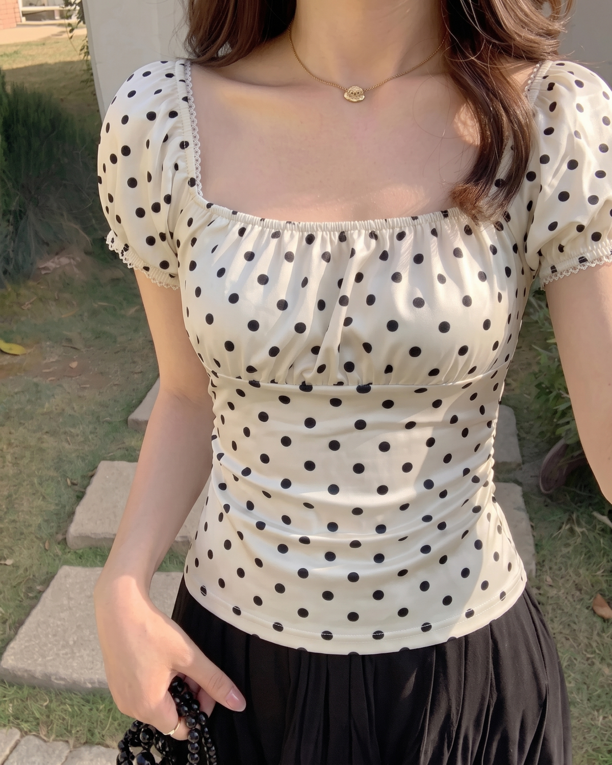 Polka Dot Lace-Trim Ruched Milkmaid Top in Cream