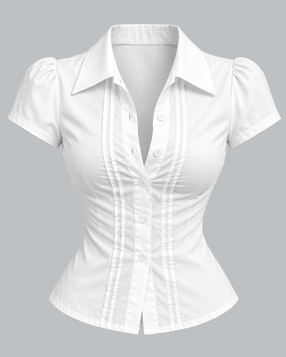 White Pintuck Button-Down Short Sleeve Collared Top