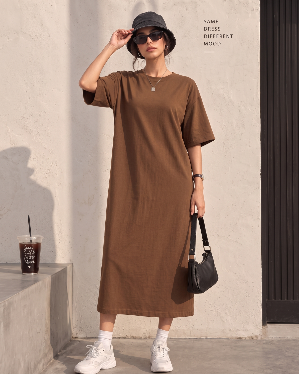 Women's Brown Oversized T-Shirt Maxi Dress with Pockets