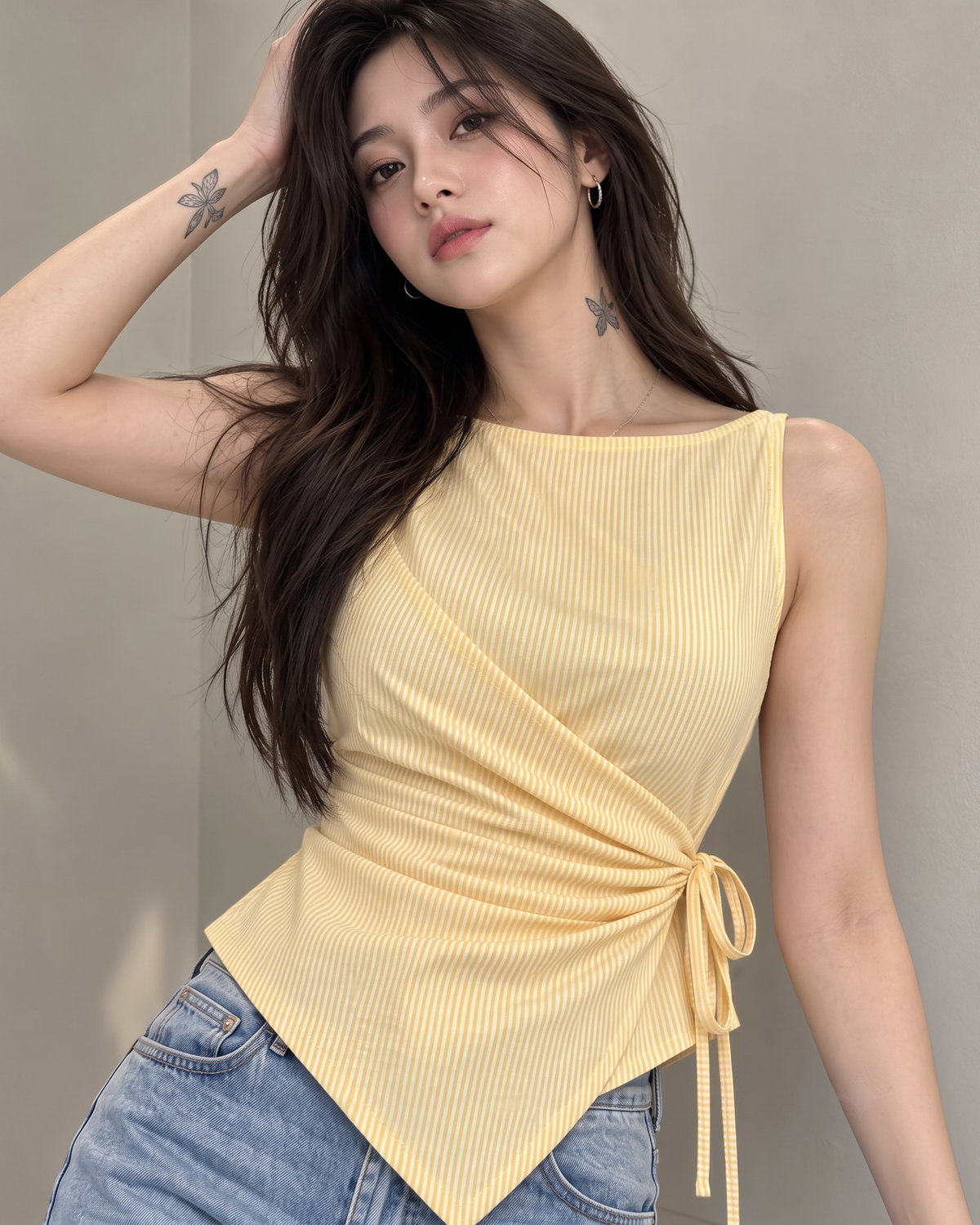 Women's Butter Yellow Striped Sleeveless Wrap Top
