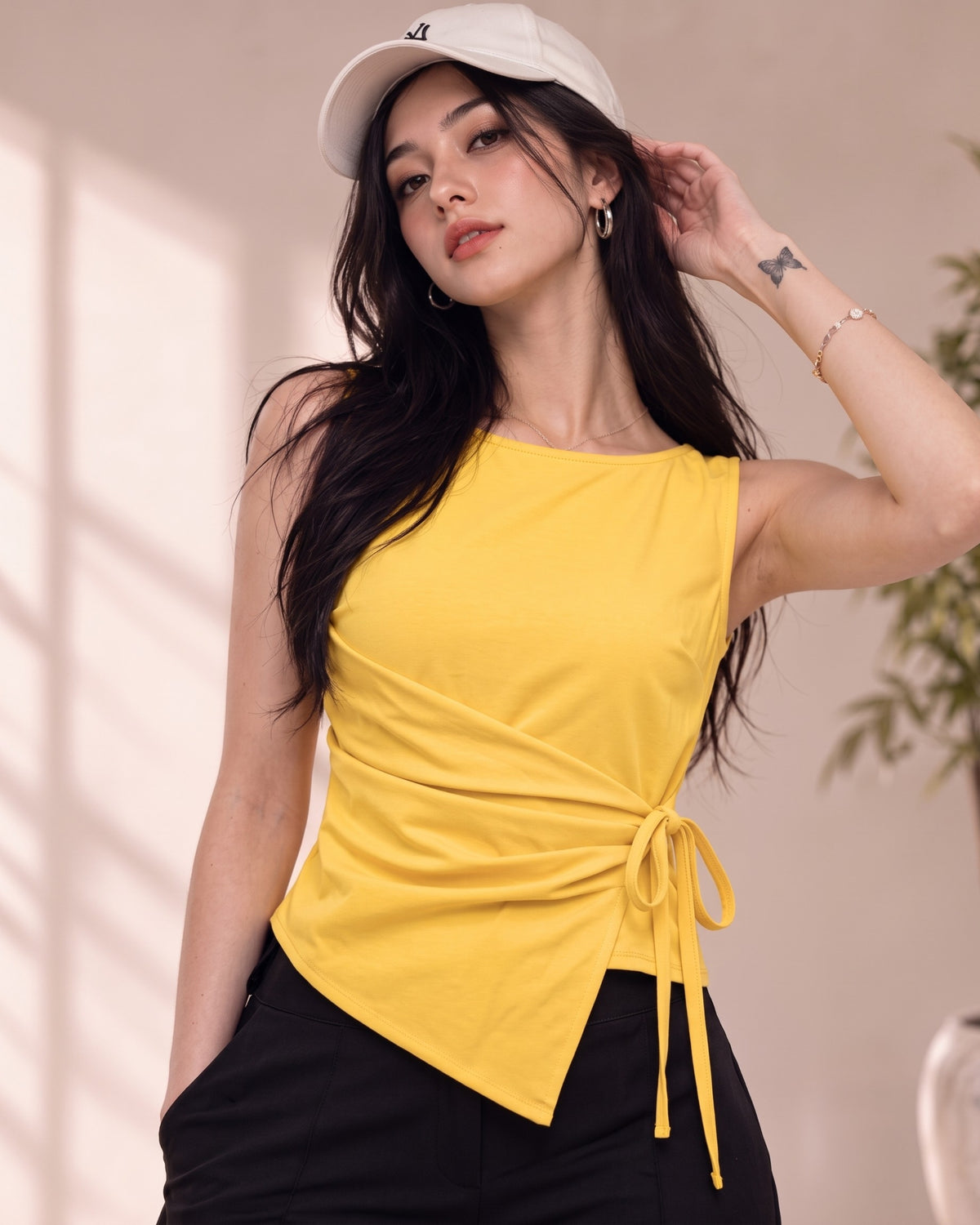Women's Yellow Wrap Top | Sleeveless Side-Tie Top