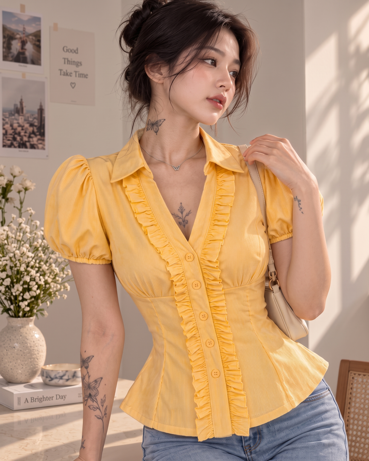 Women's Butter Yellow Striped Ruffle Front Peplum Top