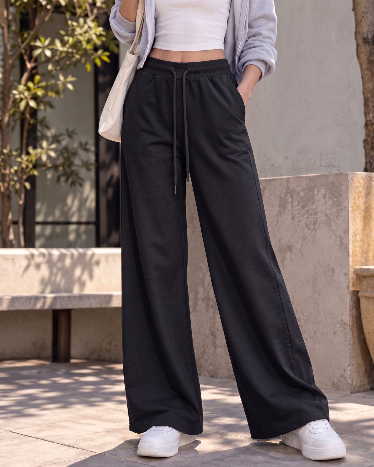 High-Waisted Wide-Leg Drawstring Trousers in Classic Black