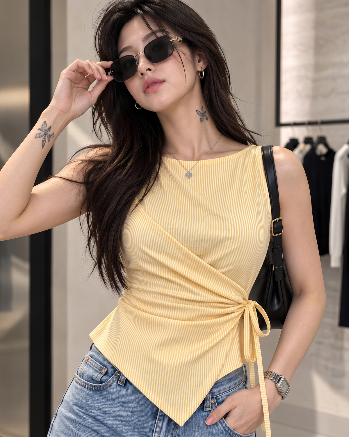 Women's Butter Yellow Striped Sleeveless Wrap Top