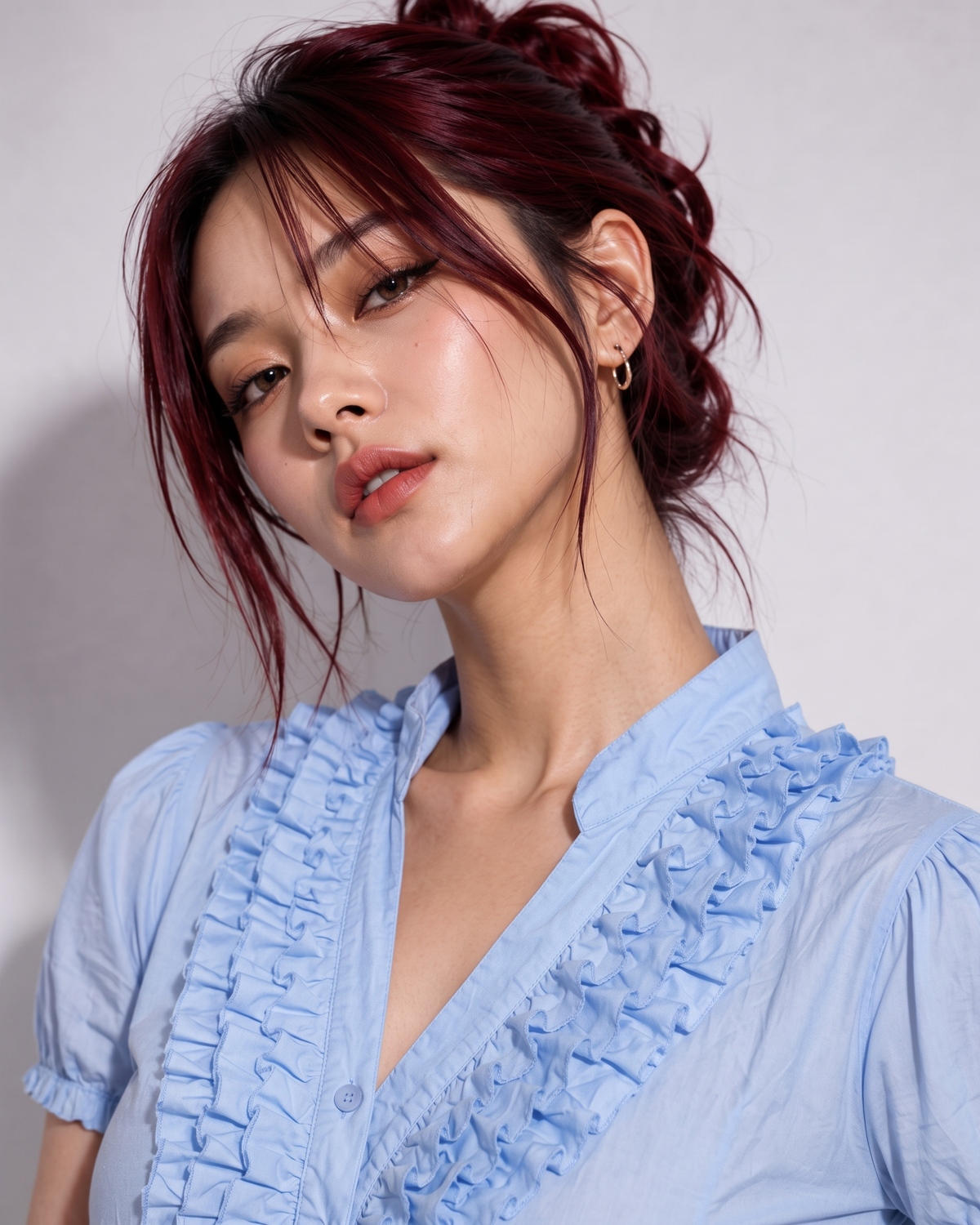 Light Blue Ruffle Front Button Top with Tie-Back Waist