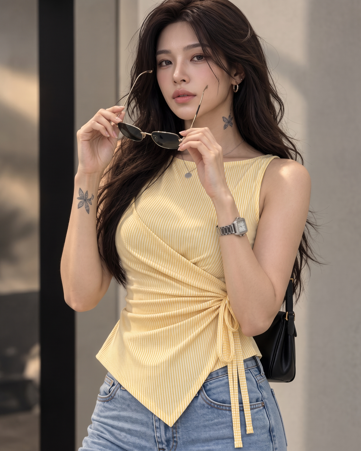 Women's Butter Yellow Striped Sleeveless Wrap Top