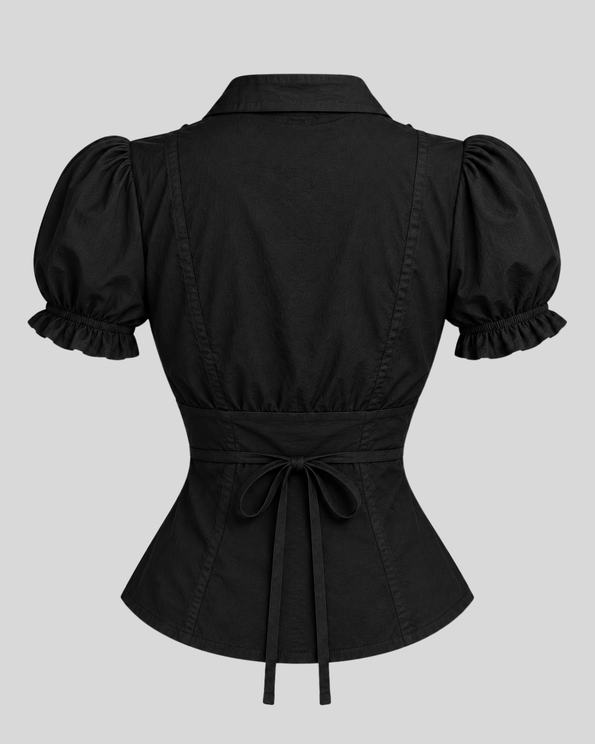 Black Ruffle Front Button Top with Tie-Back Waist