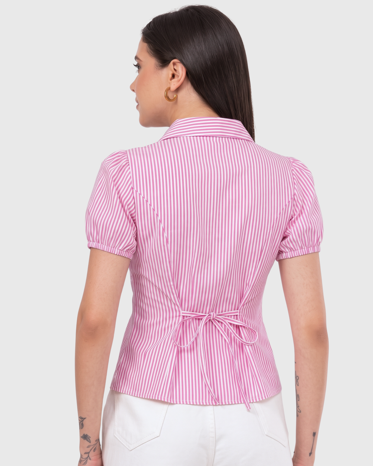 Women's Pink Striped Ruffle Front Peplum Top