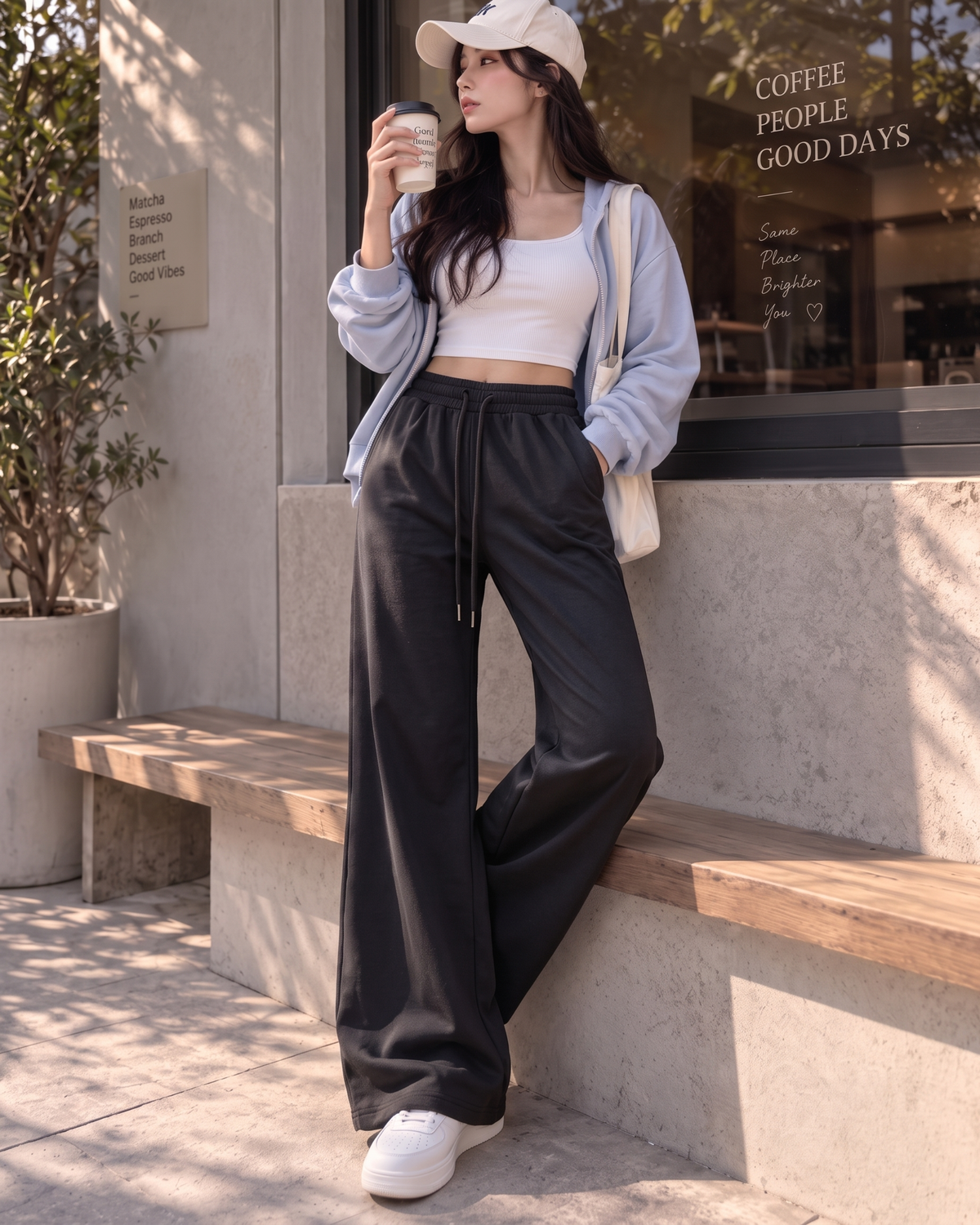 High-Waisted Wide-Leg Drawstring Trousers in Classic Black