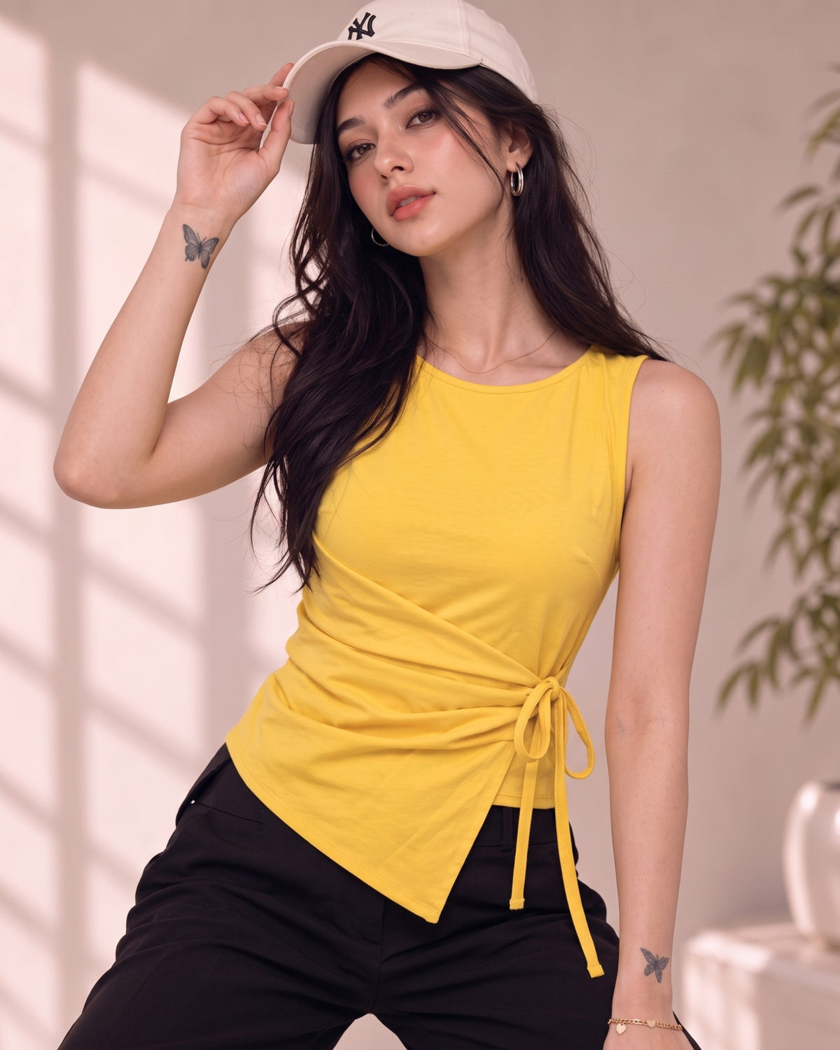 Women's Yellow Wrap Top | Sleeveless Side-Tie Top