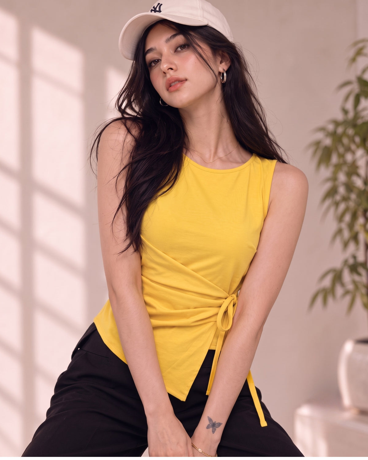 Women's Yellow Wrap Top | Sleeveless Side-Tie Top