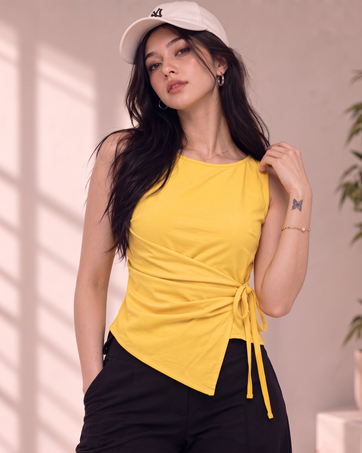 Women's Yellow Wrap Top | Sleeveless Side-Tie Top