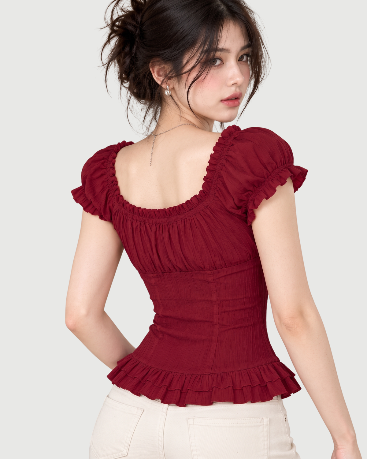 Textured Ruffle Milkmaid Peplum Blouse in Wine Red