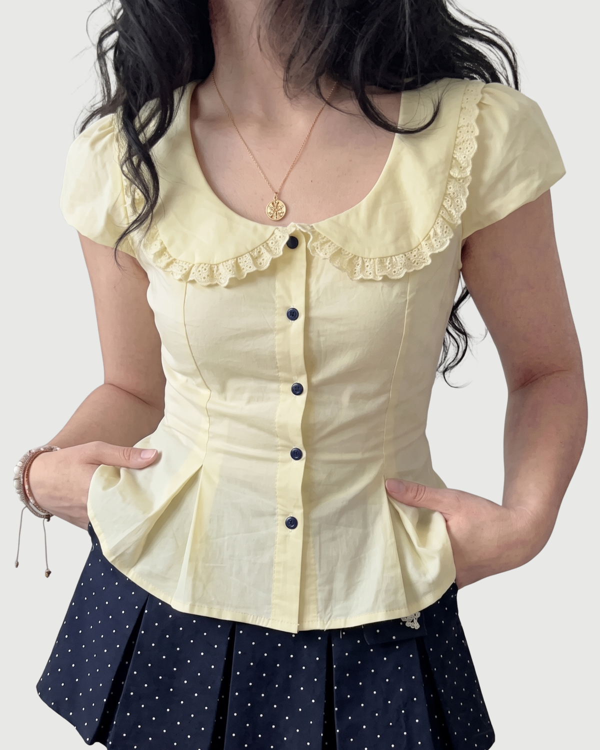 Lace-Trimmed Peter Pan Collar Peplum Blouse in Butter Yellow
