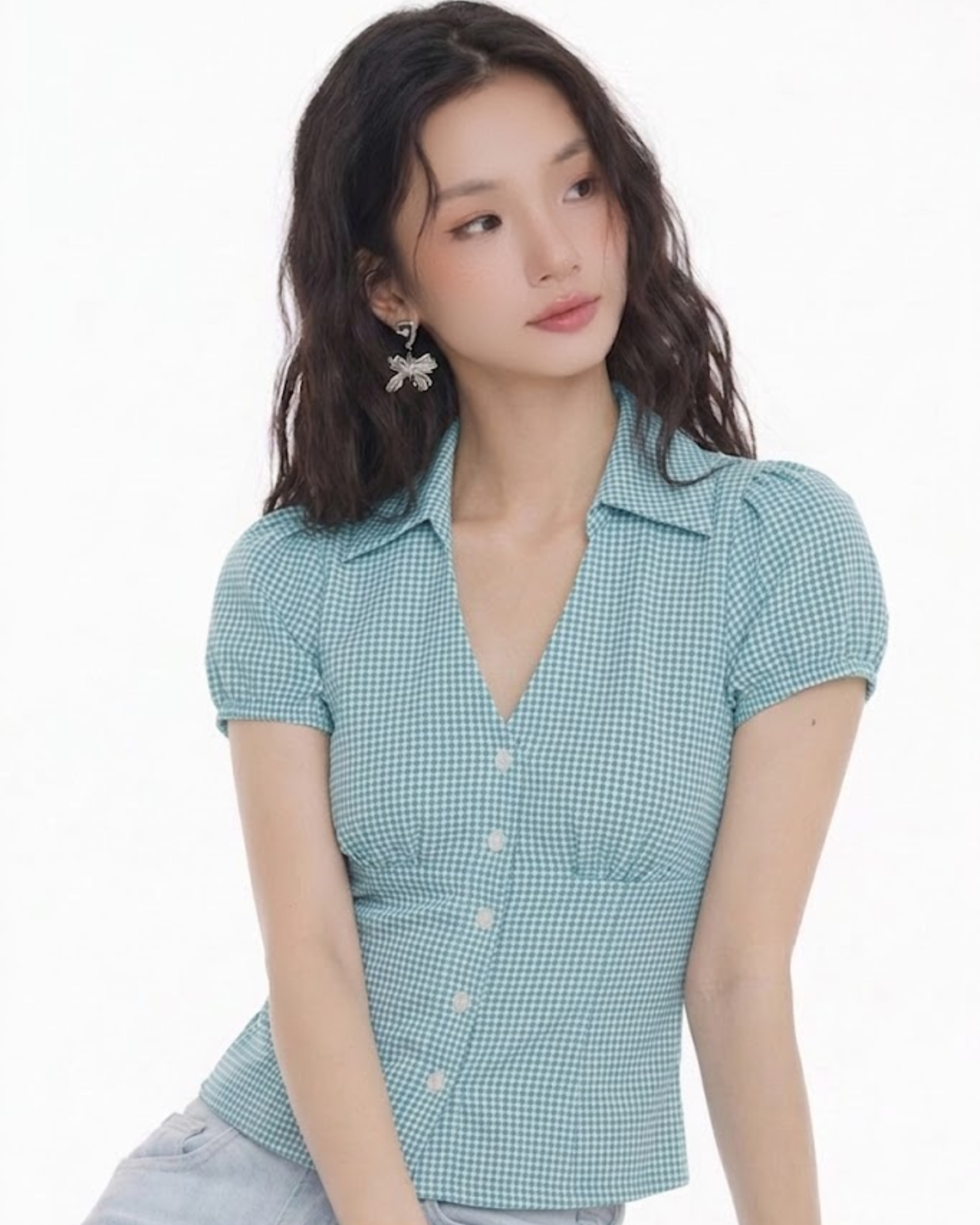 EZLIA Light Blue Dotted Puff Sleeve Shirt Top