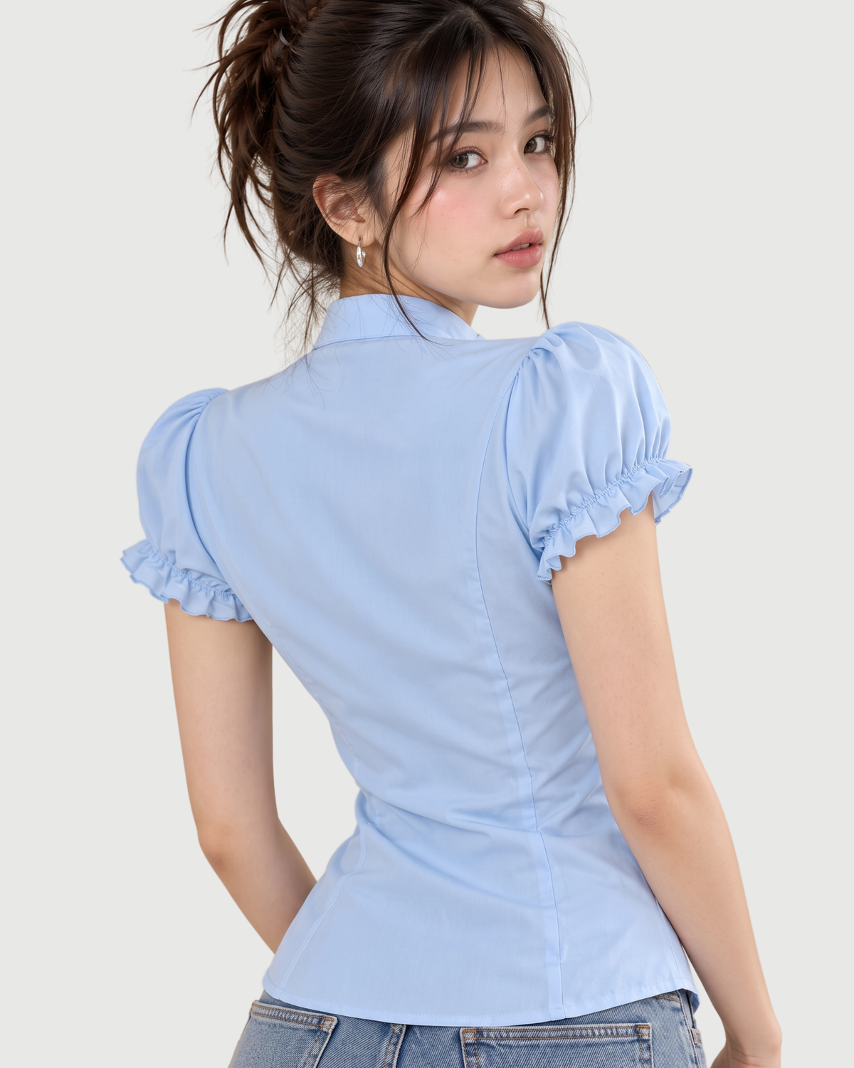 Ruffle-Trimmed Fitted Corset Blouse in Pastel Sky Blue