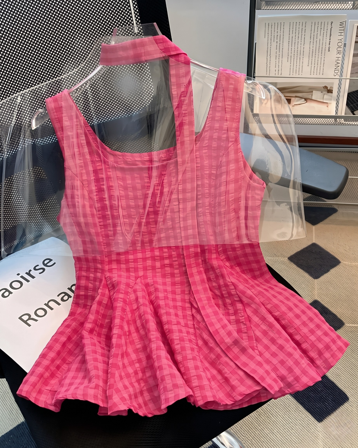 Gingham Scarf-Neck Pleated Peplum Top in Hot Pink