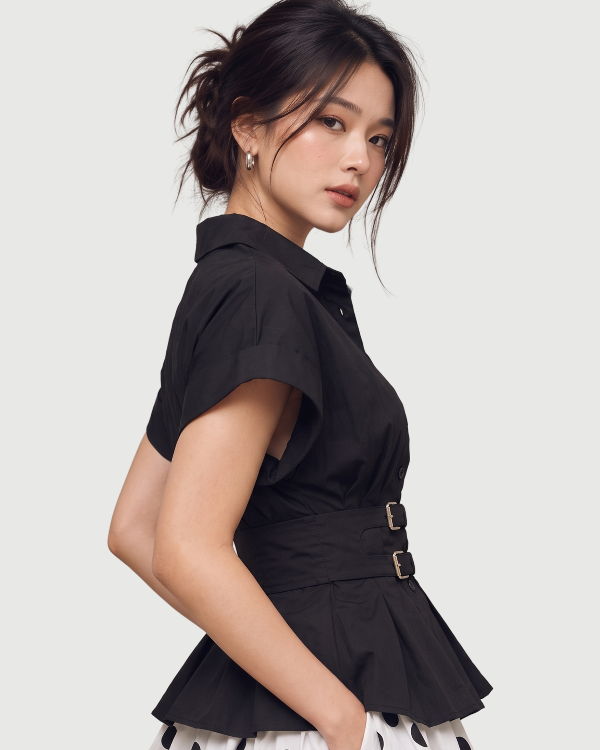 Double-Buckle Belted Peplum Shirt in Black