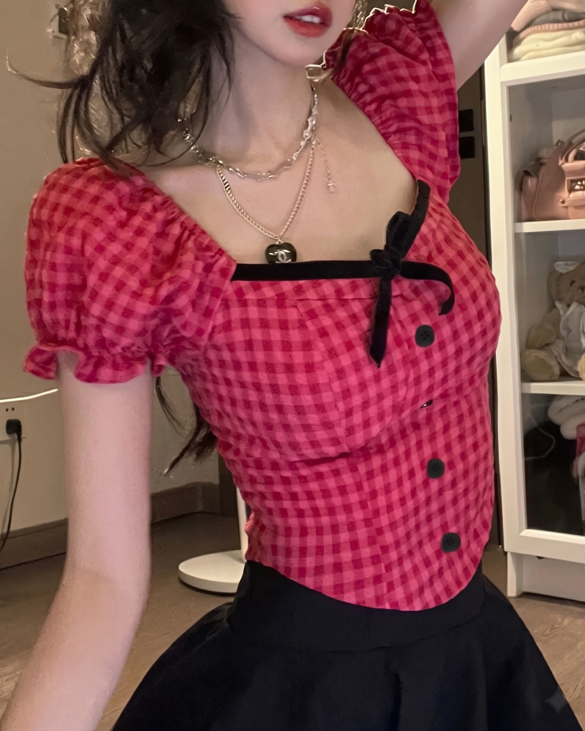 Velvet-Trimmed Gingham Tie-Back Corset Top in Raspberry Pink