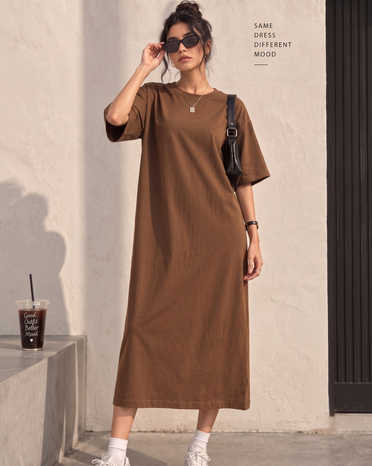 Women's Brown Oversized T-Shirt Maxi Dress with Pockets
