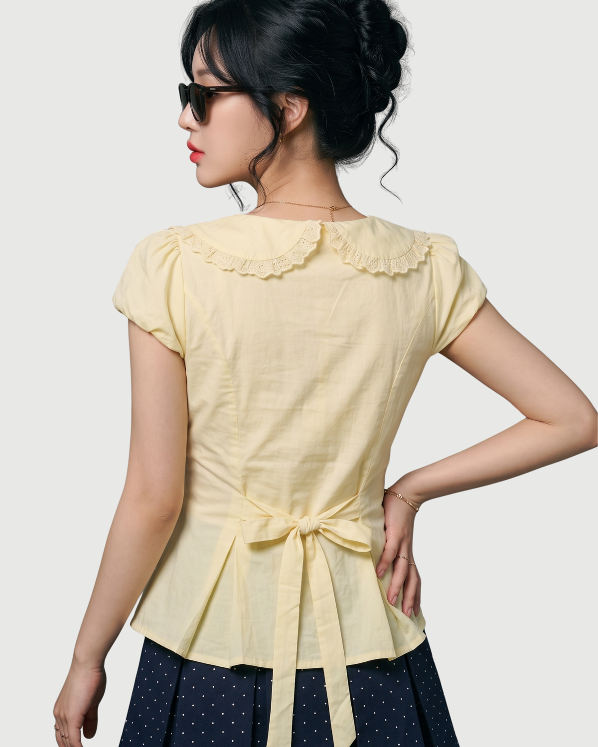 Lace-Trimmed Peter Pan Collar Peplum Blouse in Butter Yellow